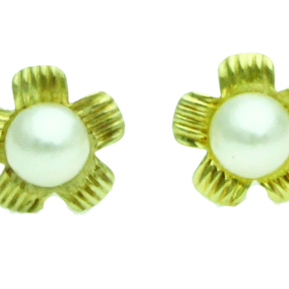 NEW Round Pearl Flower Stud Earrings Real 14K Gold
